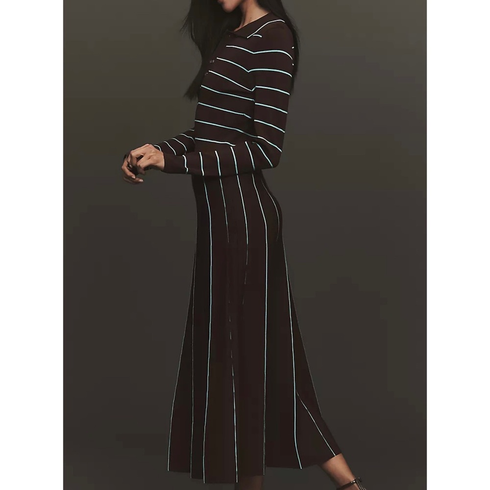 Siempre x Anthropologie Brown Striped Knit Polo Midi Dress Pleated Skirt NWT M - Picture 2 of 7